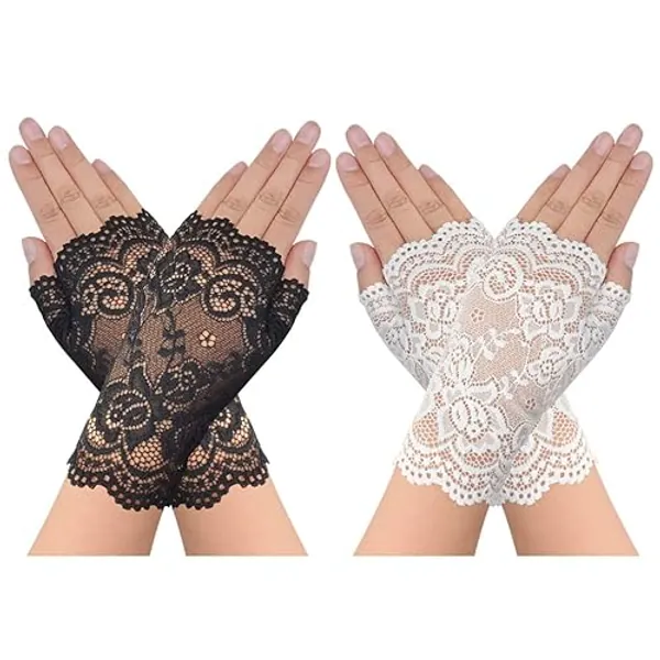 obmwang 2 Pairs Women's Lace Gloves Fingerless Floral Gloves Bridal Prom Gloves for Wedding Party Costume Accessories - Black,white