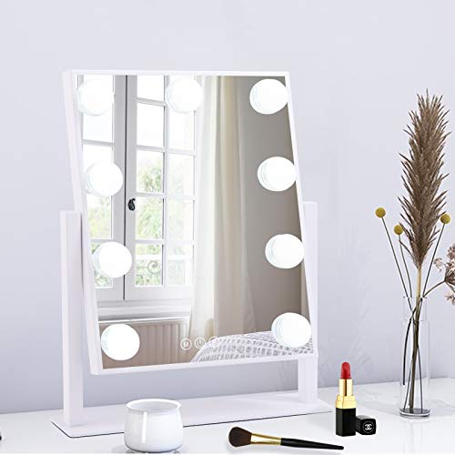 BWLLNI Lighted Makeup Mirror Hollywood Mirror Vanity Mirror with Lights, Touch Control Design 3 Colors Dimable LED Bulbs, Detachable 10X Magnification, 360°Rotation, White. - White