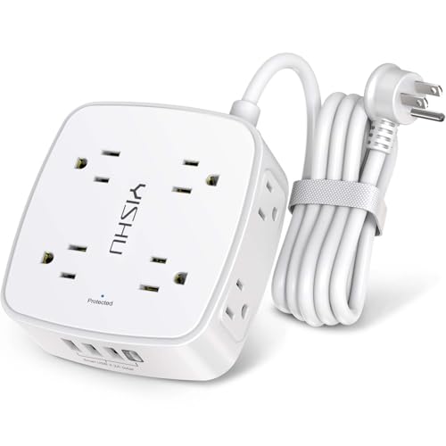 6 Ft Surge Protector Power Strip - 8 Widely Outlets with 4 USB Ports, 3 Side Outlet Extender with 6 Feet Extension Cord, Flat Plug, Wall Mount, Desk USB Charging Station, ETL,White - 6 Ft - White