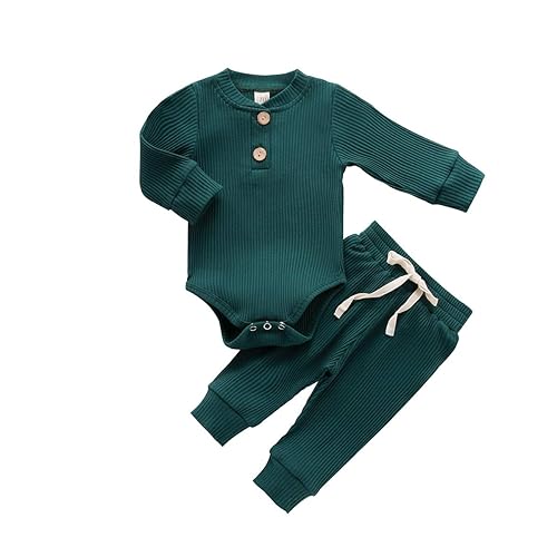 Newborn Baby Boy Girl Clothes Ribbed Knitted Cotton Long Sleeve Romper Long Pants Solid Color Fall Winter Outfits - A- Green - 0-3 Months