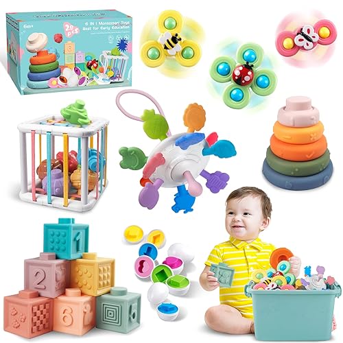 Baby Toys for 6 to 12 Months, Montessori Sensory Bins Toys for Toddlers 1-3, Pull String Teether Infants Bath Toys 6 in 1 Stacking Blocks Rings, Matching Eggs, Suction Cup Spinner Toy