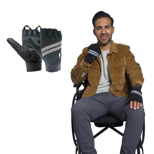 Inspired Comforts Wheelchair Gloves Fingerless Full Thumb with Anti-Slip Grip, Breathable & Reflective | Black/Black / S