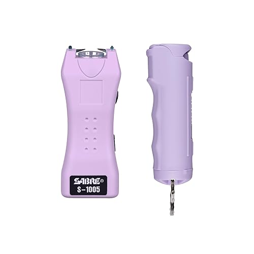 SABRE Pepper Spray & 2-in-1 Stun Gun with Flashlight, Self Defense Kit, Fast Flip Top Safety, Finger Grip for Better & Faster Aim, Painful 1.60 µC Charge, 120 Lumen LED Light, Rechargeable, 0.54 fl oz - Lavender