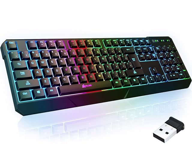 KLIM Chroma Wireless Gaming Keyboard RGB - Backlit Wireless Keyboard - Long-Lasting Rechargeable Battery - Quiet Water Resistant Ergonomic Keyboard - Teclado Gamer - PC PS5 PS4 Xbox One Mac - Black - Black