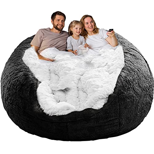 Bean Bag Chair Cover(Cover Only,No Filler),Big Round Soft Fluffy PV Velvet Washable Bean Bag Lazy Sofa Bed Cover for Adults,Living Room Bedroom Furniture Outside Cover,6ft black. - 6ft(180cm)Cover - Black