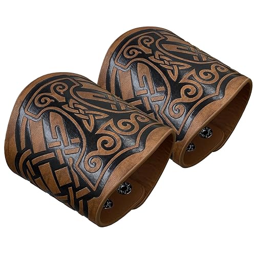 HiiFeuer 2 piece Viking Embossed Faux Leather Cuff Bracelet, Norse Retro Wristband, Nordic Mjolnir Vegvisir Pattern Cuff Bangle Bracelet. - Brown B