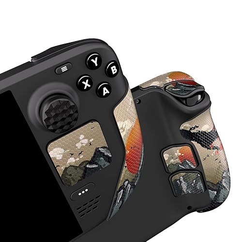 PlayVital Professional Textured Soft Rubber Pads Handle Grips for Steam Deck LCD & OLED, Trackpads Skin Grip Enhancement Back Button Protective Stickers Set with Thumb Grip Caps - View of Rising Sun - View of Rising Sun