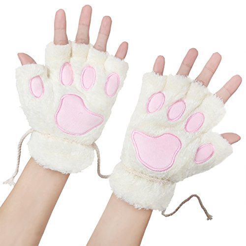 Odema Womens Bear Plush Cat Paw Claw Glove Soft Winter Fingerless Mitten Gloves - White