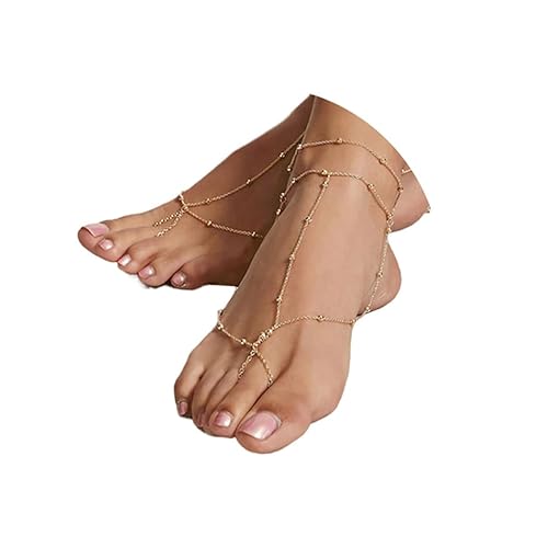 Aularso 2PCS Boho Beaded Foot Chain Layered Barefoot Sandals Summer Beach Ankle Chain for Women(Gold) - Gold