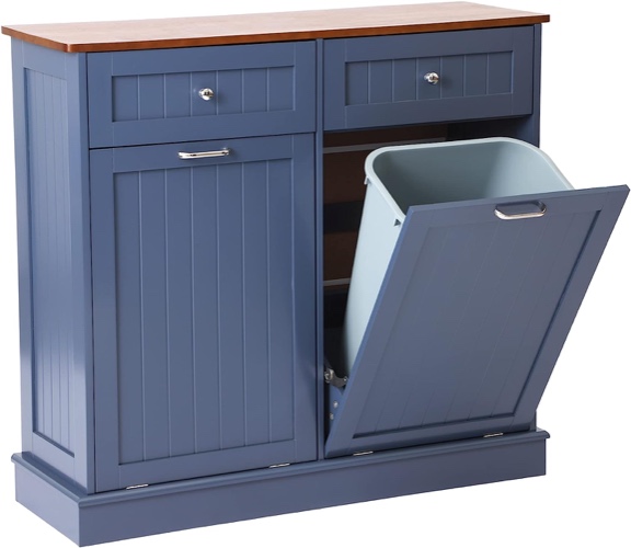 LOUVIXA Tilt Out Trash Can Cabinet Dog Proof Trash Can with Double Wood Hidden Trash Can Holder, Kitchen Free Standing Recycling Cabinet (Blue) - A-Blue