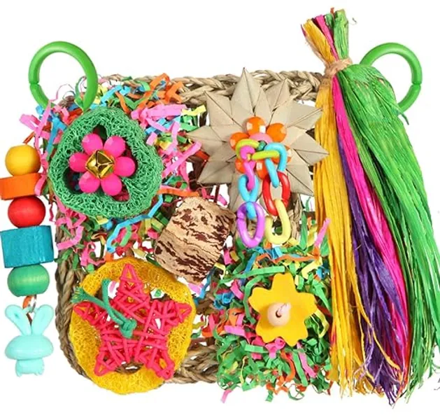 Bird Toys, Parakeet Toys Bird Foraging Toys Grass Mat Climbing Wall for Parakeet,Parrot,Cockatiel,Conure,Lovebird,Budgie Cage Small to Medium Birds (Warm Sun)