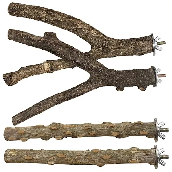 LIMIO Bird Perch 4 PCS Natural Wood Stand Parakeet Toys Bird Cage Accessories for Parrots Conure Supplies Budgie Platform