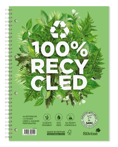 Silvine A4+ Premium Recycled Wirebound Notebook, Lined with margin, 120 pages of 100% Recycled Paper. Ref R102 [Pack of 5], White