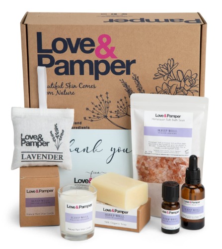 Love & Pamper Sleep Well Original Gift Set - Pamper Gifts for Women, Relaxation Spa Set, Lavender Essential Oil, Massage Oil, Himalayan Bath Salt, Candle and Soap, Memorable Gift of Aromatherapy