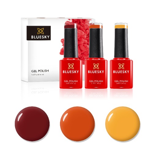Bluesky Gel Nail Polish Set, Burnt Sunset, Banana Mania Lt129, Orange Sweetie A012, Paradise Deep Red 80575, 3 x 5 ml, (Requires Curing Under UV or LED Lamp)