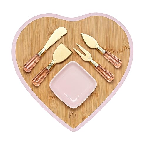 Paris Hilton Charcuterie Board and Serving Set, Bamboo Serving Board, Ceramic Dish, Cheese Utensils with Titanium Coated Blades, 6-Piece Set, Pink - Heart Shaped Board