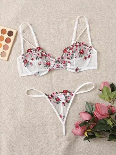 Embroidery Underwire Sheer Mesh Thong Lingerie Set
