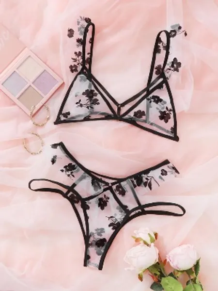 Floral Print Mesh Ruffle Harness Lingerie Set