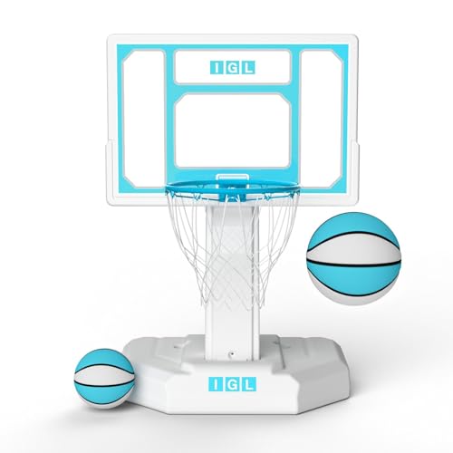 IGL Pool Basketball Hoop Outdoor, Outdoor Poolside Basketball Hoop, Base & Stand Double Water Storage with 2 Ball & Inflator, Stainless Steel Basketball Rim, Fixed Height - 32in Backboard