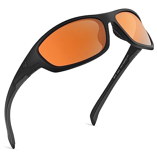 KastKing Hiwassee Polarized Sport Sunglasses for Men and Women, Wrap Sunglasses for Fishing Cycling and Running,UV Protection - Frame:matte Blackout/Lens:copper