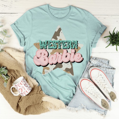 Western Barbie Star Tee - Heather Prism Dusty Blue / M