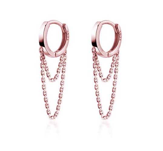 Reffeer 925 Sterling Silver Tassel Chain Drop Dangle Small Hoop Earrings Huggie for Women Teen - B-Rose