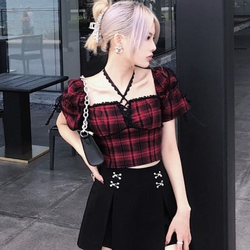 'Beholder' Red and Black Plaid Top - Red / S
