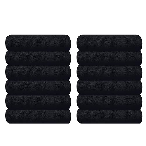 GLAMBURG Ultra Soft 12-Piece Washcloths Set 13x13-100% Ringspun Cotton - Durable & Highly Absorbent Face Towels - Ideal for use in Bathroom, Kitchen, Gym, Spa & General Cleaning - Black - 12 Piece Washcloths - Black