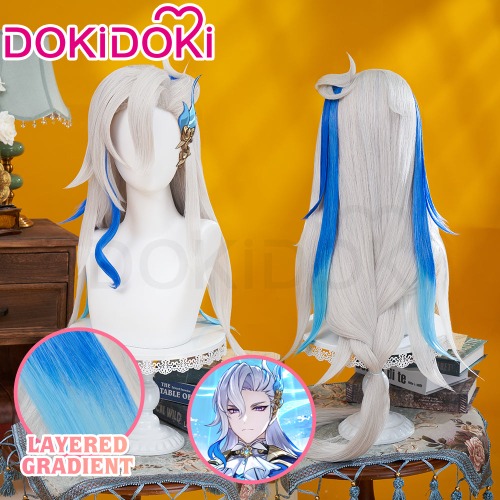 【Ready For Ship】DokiDoki Game Genshin Impact Cosplay Fontaine Neuvillette Wig Long Grey Blue Highlight | Neuvillette