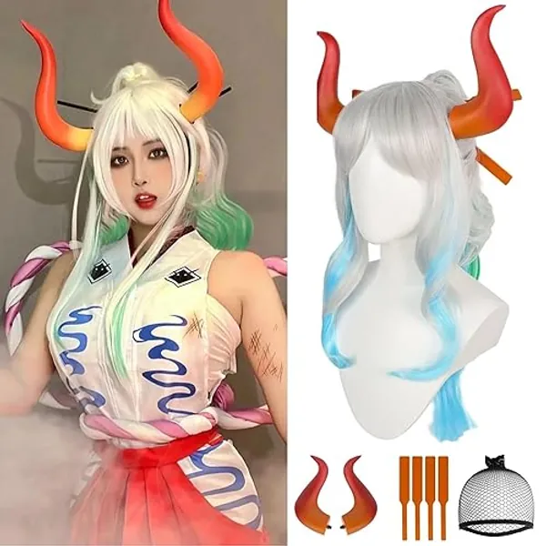 Anogol +Wig Cap 4pcs Ombre Silver Green Blue Wig for Anime Cosplay Clip-on Ponytail Wig for Women Halloween Long Wavy Wig With Bangs Wig for Girls Women Costume(1 Wig+2 Horns+4 Sticks+1 Hair Cap)
