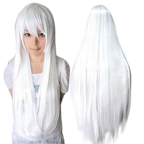 ANOGOL Wig Cap+32 In/ 80 cm Long White Wig Straight Synthetic Wig White Cosplay Wig, Straight White Wig with Bangs for Anime Cosplay, Peluca Blanca White Long Straight Wig for Halloween Costume Party - White