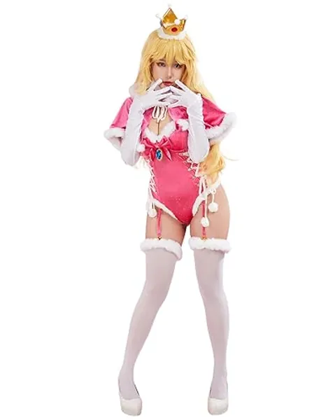 Mobbunny Christmas Peach Derivative Furry Bodysuit for Women Glitter Velvet Romper Santa Bodycon with Short Cloak Outfit - Large - Red