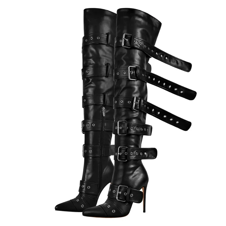 Multi Buckle Strap Thigh High Pointed Toe Stiletto Boots 