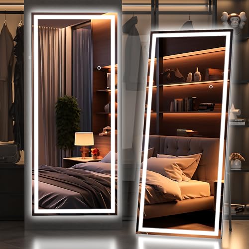 Hasipu Full Length Mirror with Lights, 67" x 24" LED Lighted Floor Standing Mirror, Full Body Dressing Hanging Mounted Mirror, Dimmable, Tempered Glass, Safe to Use, Square Black - Square Black Led -Tempered - 67" x 24"
