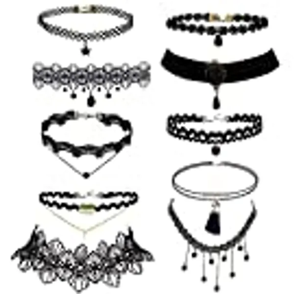 Trasfit 10 Pieces Lace Choker Necklace for Women Girls, Black Classic Velvet Stretch Punk Gothic Tattoo Lace (10 Style #1)