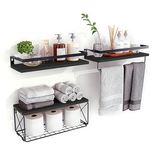Hoiicco Bathroom Shelves with Wire Storage Basket, Floating Shelves Over Toilet with Towel Bar, Wall Shelves for Bedroom, Living Room, Kitchen and Bathroom Toilet Paper (Carbon Black) - Carbon Black