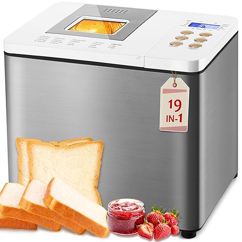 KEEPEEZ Stainless Steel 19-IN-1 2LB Dual Heaters Bread Maker, Auto & Quiet Breadmaker Machines with Gluten-Free, Sourdough, Pizza, Dough. Non-Stick Pan&15H Timer, 1H Keep Warm & 3 Loaf Colors, Recipes - Stainless Steel Body, Non-stick Pan, Dual Quartz Heaters (17 Menu; 15 Hours Delay Time; 15-Minute Power Interruption Recovery; 3 Loaf Size & 3 Crust Colors; Low Noise DC Motor Design; Up to 1 Hour Thermostatic)
