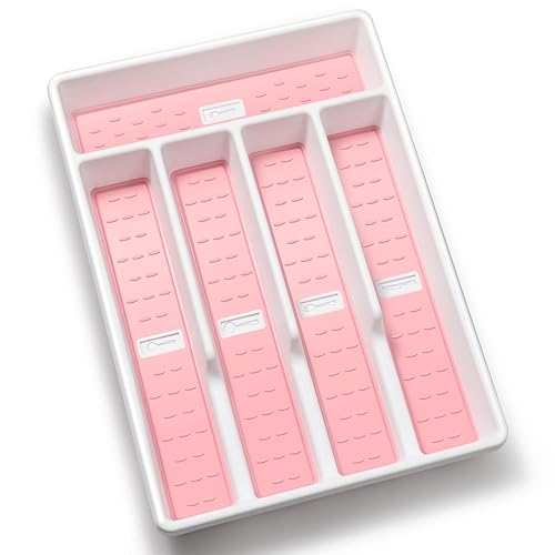 Joequality Silverware Organizer with Icons，Plastic Cutlery silverware Tray for Drawer，Utensil Flatware Tableware Organizer for Kitchen with Non-slip TPR,Fits Standard Drawer,5-Compartment,Pink - Pink Color-small