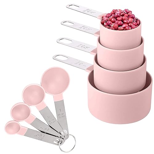 8 Pieces Measuring Cups and Spoons Set / Nesting Measuring Cups with Stainless Steel Handle / for Dry and Liquid Ingredient (Light pink) - Stainless Steel,pink