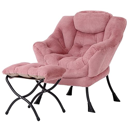Welnow Lazy Chair with Ottoman, Modern Lounge Accent Chair with Armrests and a Side Pocket, Leisure Sofa Chair Set, Reading Chair with Footrest for Small Space, Corner Chair, Plush Dark Pink - Plush Dark Pink