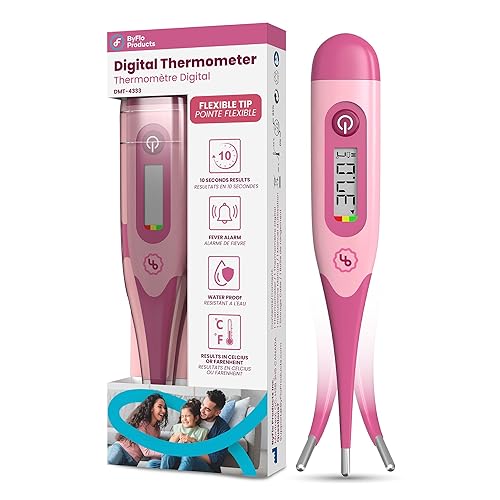 ByFloProducts Flexible Digital Thermometer – Comfortable & Safe Baby Thermometer, 10 Sec Fast & Accurate Readings – Basal Body Thermometer, Oral Thermometer, Rectal & Underarm with Celsius/Fahrenheit - Pink