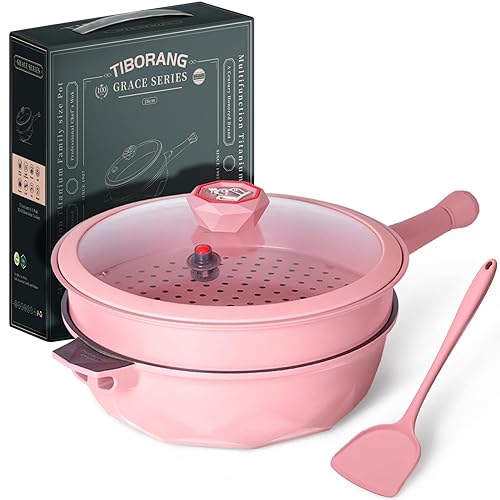 Tiborang 8 in 1 Frying Pans Nonstick with Lid Induction,11 Inch Large Frying Pan,5 Qt Deep Wok Pan with Steamer Basket,Dishwasher&Oven Safe(Pink) - Pink