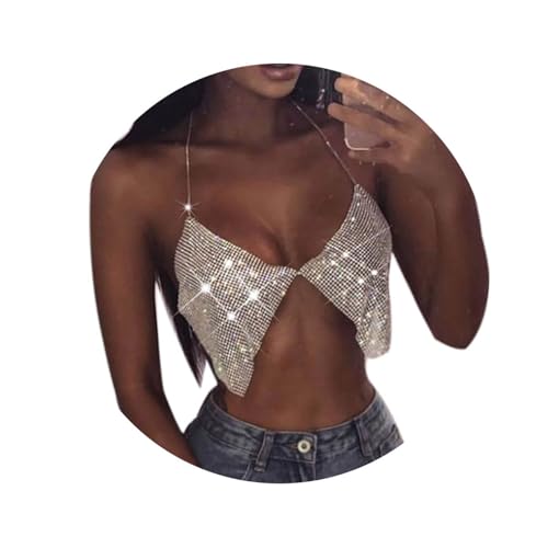JEWEKY Rhinestone Bra Chain Top Silver Sparkly Crop Top Body Chain Beach Nightclub Rave Bikini Chest Accessories Jewelry for Women