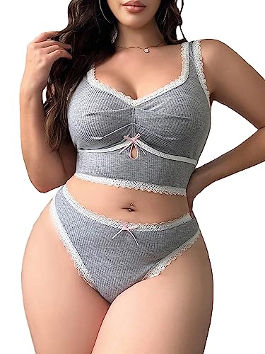 WDIRARA Women's Plus Size Lace Trim Ruched Underwire Lingerie Set Bralette and Panty Set - X-Large - Grey