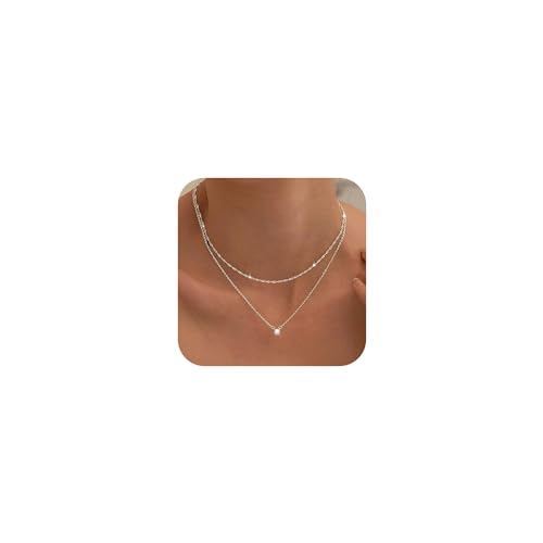 Tewiky Diamond Necklaces for Women, Dainty Silver/ 14K Gold Plated Choker Necklace Simple Silver CZ Jewelry Necklaces for Women Trendy Gifts - Silver Plated