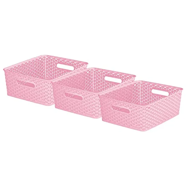 Curver My Style Rattan Effect Set of 3 Kitchen, Living room, Bathroom, Bedroom, Utility Medium Rectangular Storage Baskets 13 Litres - Pink