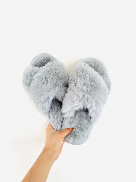 FLUFFxFLUFF / Open Toe Fluffy Slippers / Crossover Band Slippers