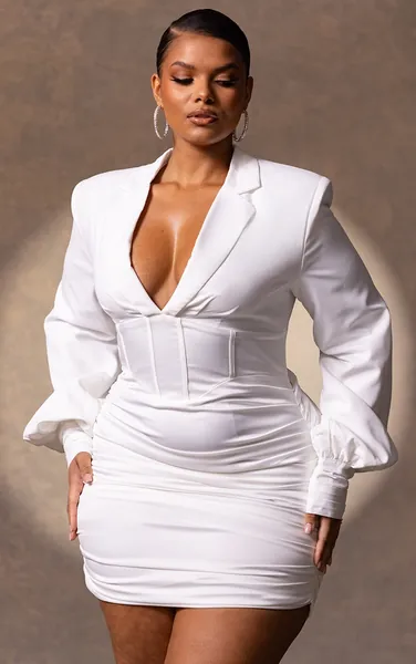 Plus Premium White Constructed Corset Waist Blazer Dress