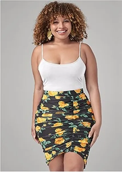 Plus Size Floral Ruched Bodycon Skirt - Black Multi | VENUS