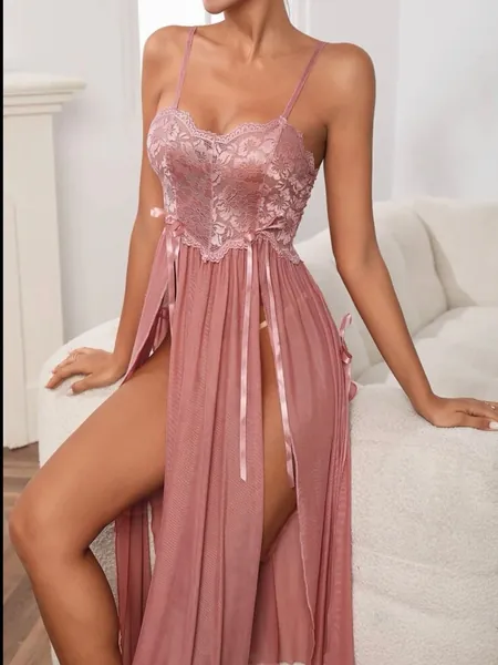 Contrast Lace Mesh Lingerie Dress, Long Lingerie Dress, Long Lingerie Slip